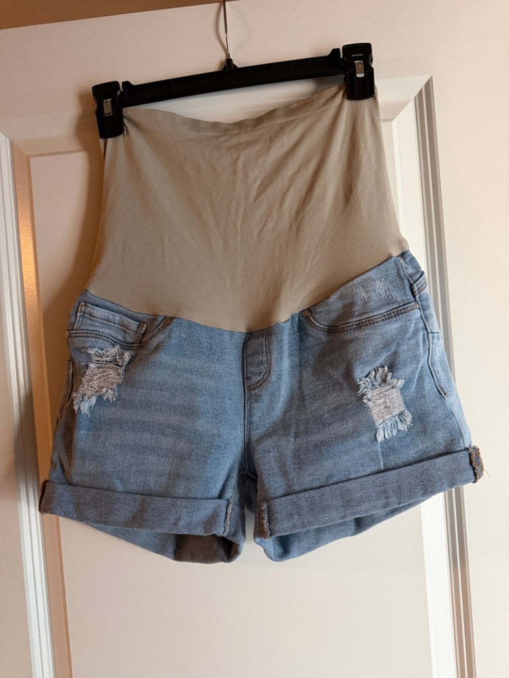 Maternity High-Waist Beige & Light Blue Denim Shorts